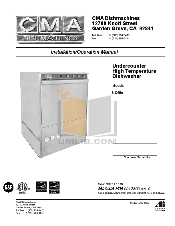 Download Free Pdf For Cma CMA-B Dishwasher Manual